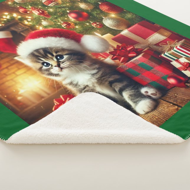 Cozy Christmas Kitten large Sherpa Blanket (3/4)