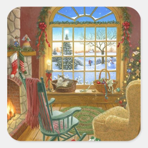 Cozy Christmas Living Room Square Sticker