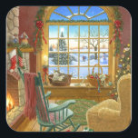 Cozy Christmas Living Room Square Sticker<br><div class="desc">Cozy Christmas Living Room</div>