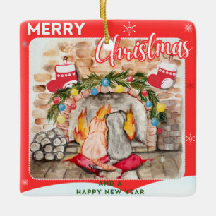 Cozy Christmas mantel with dog and cat Ceramic Ornament