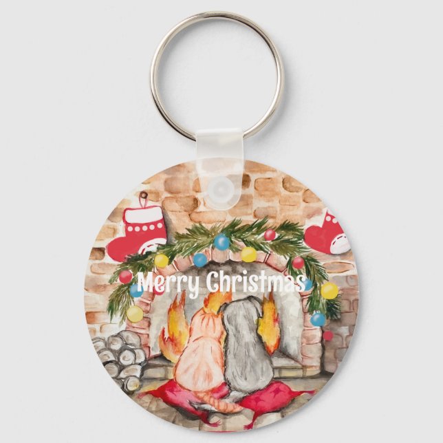 Cozy Christmas mantel with dog and cat Keychain (Front)