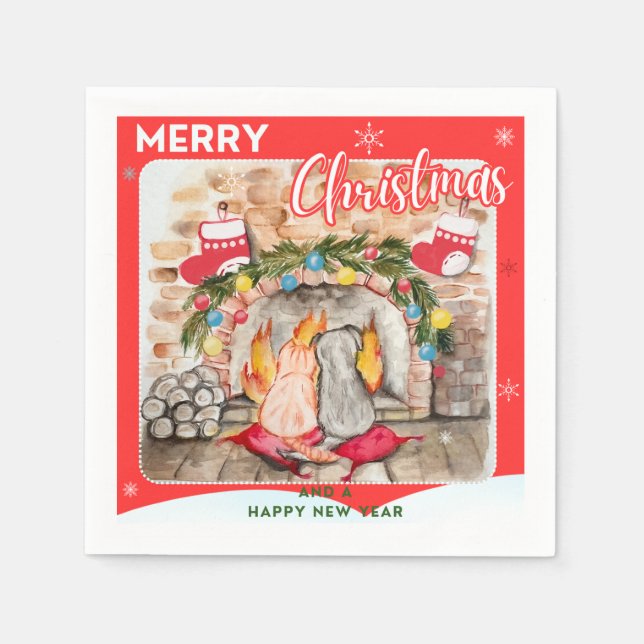 Cozy Christmas mantel with dog and cat Napkins (Front)