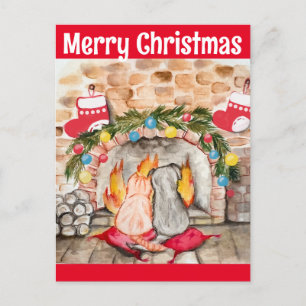 Cozy Christmas mantel with dog and cat Postcard