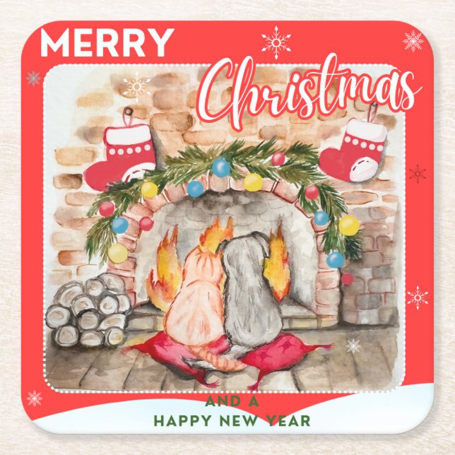 Cozy Christmas mantel with dog and cat Square Paper Coaster (Front)