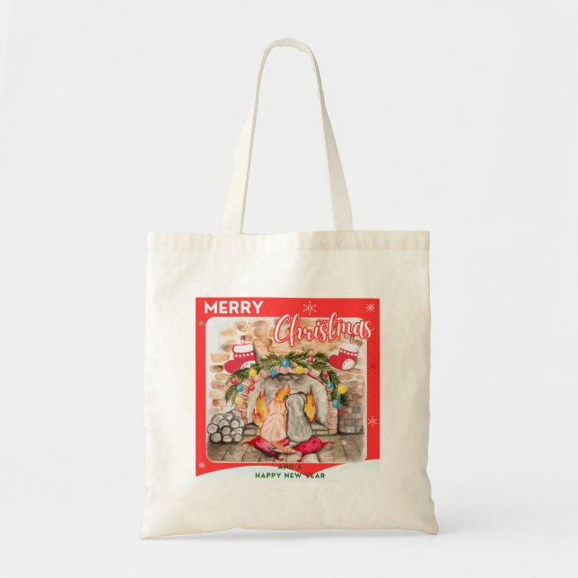 Cozy Christmas mantel with dog and cat Tote Bag (Front)