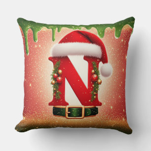 Cozy Christmas Monogram N with Santa Hat Throw Pillow