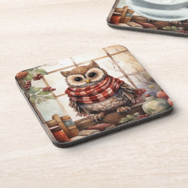 Cozy Christmas Owl Heartwarming Winter Cute Owl Beverage Coaster (Left Side)
