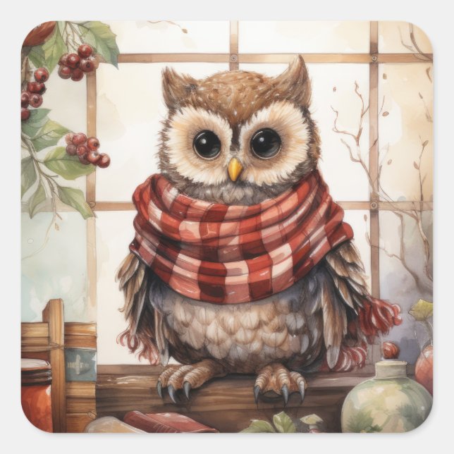 Cozy Christmas Owl Heartwarming Winter Cute Owl Square Sticker (Front)