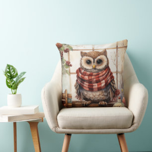 Cozy Christmas Owl Heartwarming Winter Cute Owl Throw Pillow