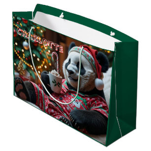 Cozy Christmas Panda in Pajamas Personalized Large Gift Bag