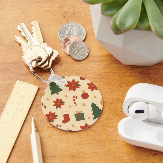 Cozy Christmas Pattern with Gifts and Trees Keychain (Desk)