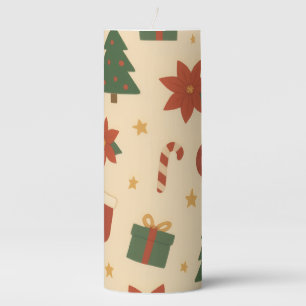 Cozy Christmas Pattern with Gifts and Trees Pillar Candle