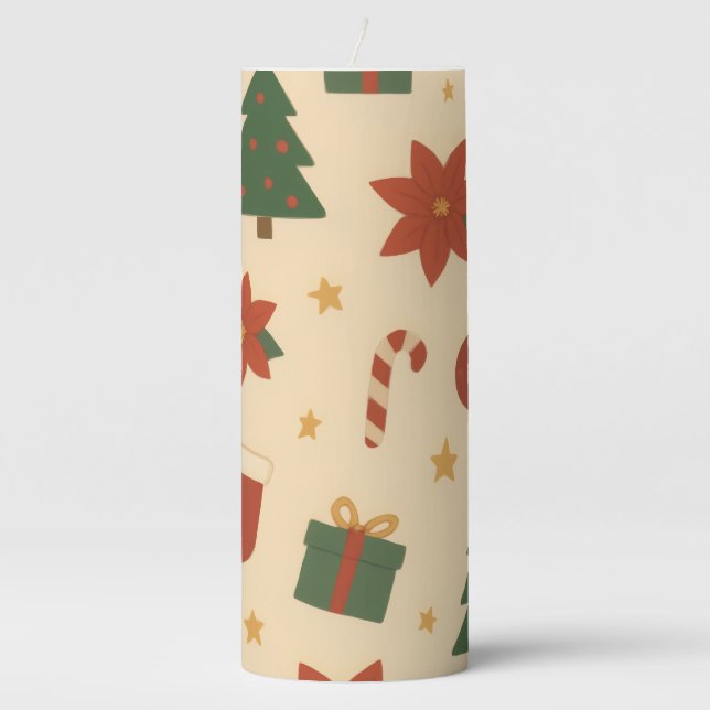 Cozy Christmas Pattern with Gifts and Trees Pillar Candle (Front)
