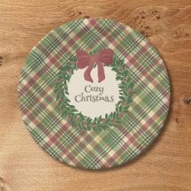 Cozy Christmas Plaid Paper Plate with Wreath Motif