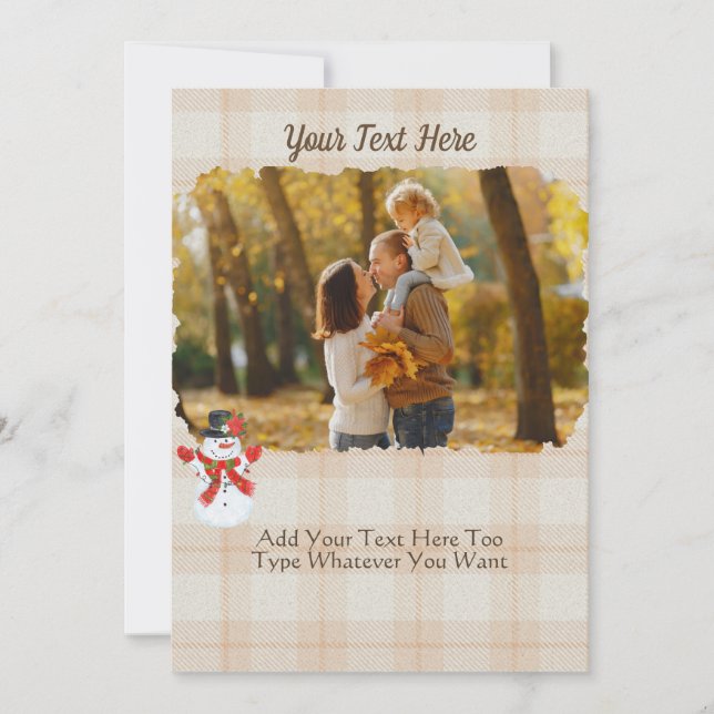 Cozy Christmas Plaid Tartan Tan Neutral Snowman Card (Front)