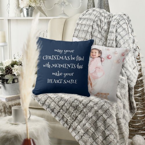 Cozy Christmas Quote Photo Navy Blue Throw Pillow
