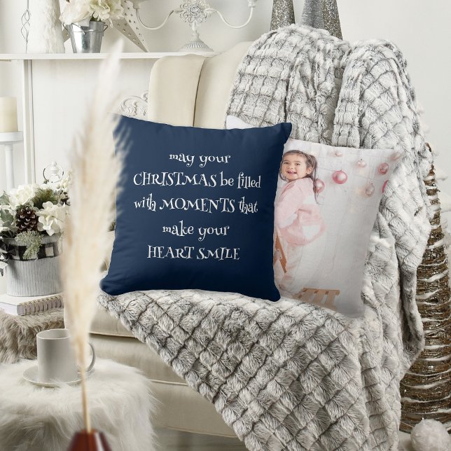 Cozy Christmas Quote Photo Navy Blue Throw Pillow (Front and back view)