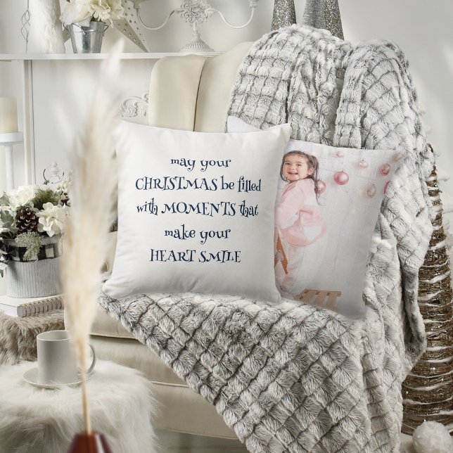 Cozy Christmas Quote Photo Navy White Throw Pillow (Front and back view)