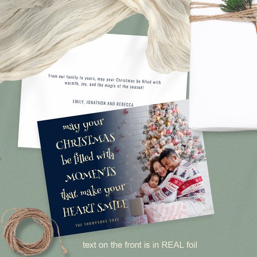 Cozy Christmas Quote Photo Overlay Navy Foil Holiday Card