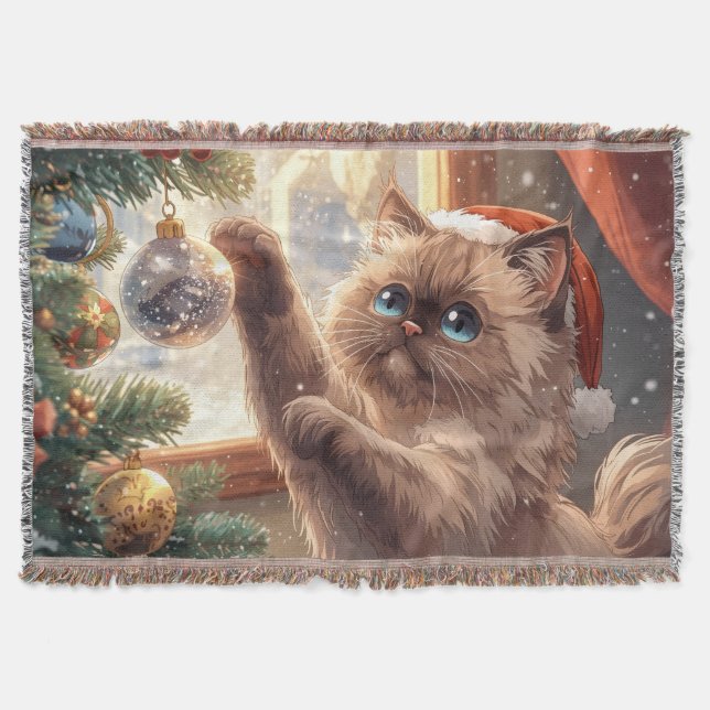 “Cozy Christmas Ragdoll Cat” Cute Ragdoll Cat Throw Blanket (Front)