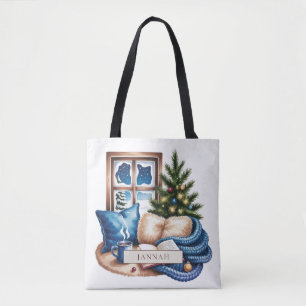 Cozy Christmas Reading Nook Book Lover Name Tote Bag