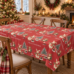 Cozy Christmas Red Forest Animals Tablecloth