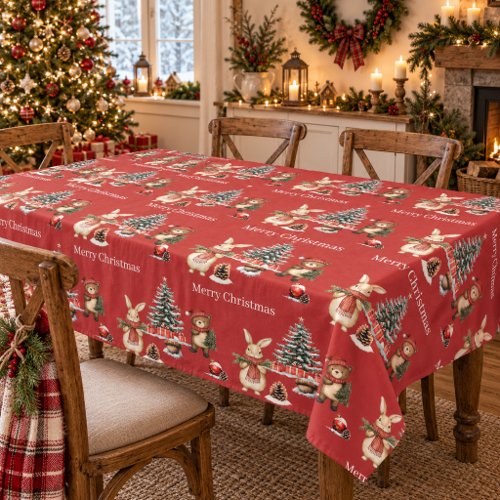 Cozy Christmas Red Forest Animals Tablecloth