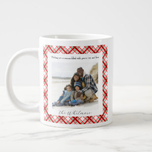Cozy Christmas Red Plaid Retro Monogram 2 Photo Giant Coffee Mug