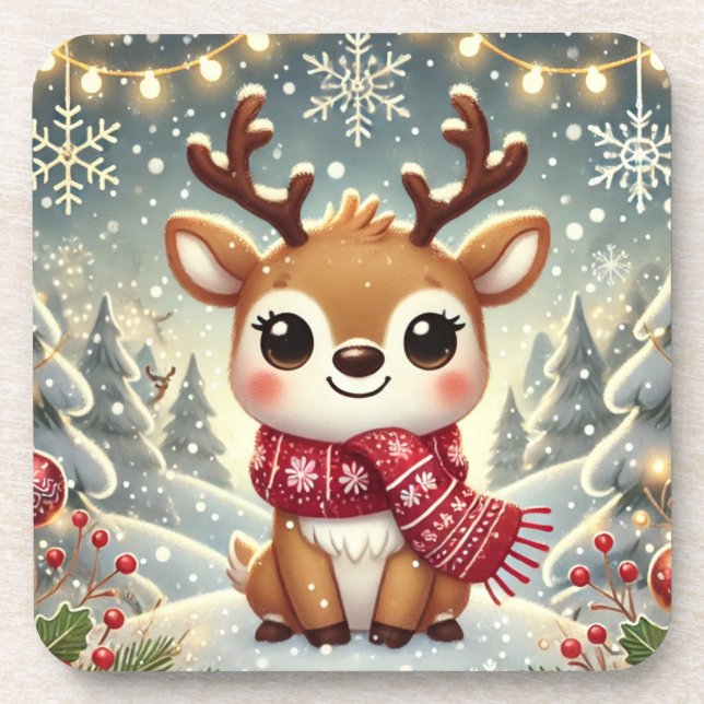 Cozy Christmas Reindeer in a Winter Wonderland Beverage Coaster (Front)