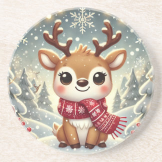 Cozy Christmas Reindeer in a Winter Wonderland Coaster