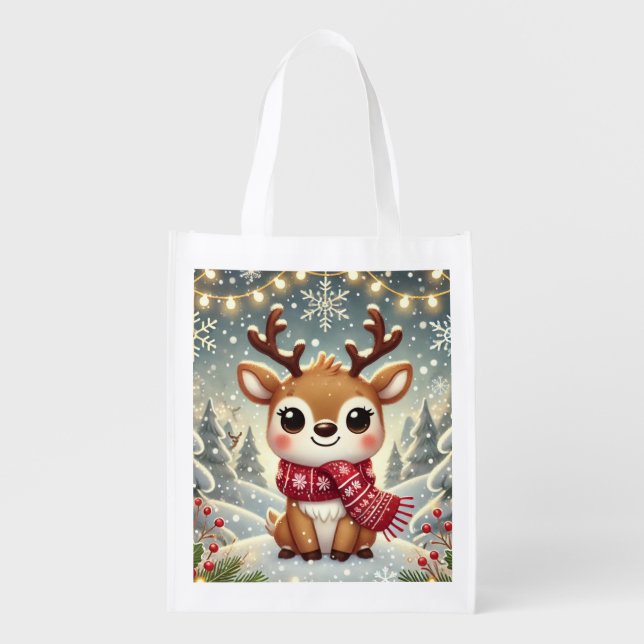 Cozy Christmas Reindeer in a Winter Wonderland Grocery Bag (Front)