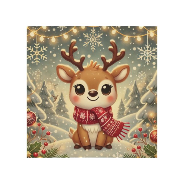 Cozy Christmas Reindeer in a Winter Wonderland Wood Wall Art (Front)