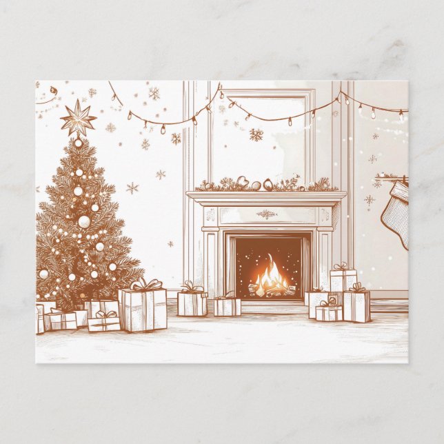 Cozy Christmas Room with Fireplace, Tree and Gifts Holiday Postcard (Front)