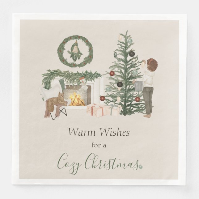 Cozy Christmas Rustic Fireplace Christmas Tree Paper Dinner Napkins (Front)