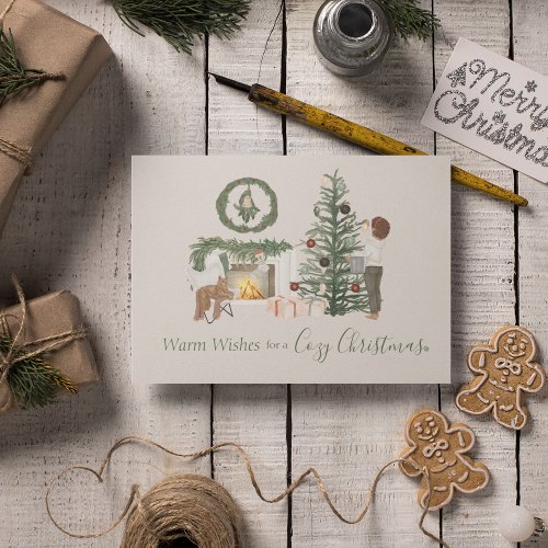 Cozy Christmas Rustic Watercolor Personalized Holiday Card