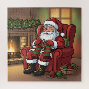 Cozy Christmas Santa Knitting by the Fireplace Jigsaw Puzzle