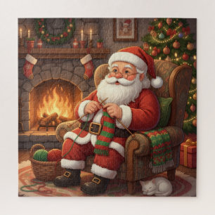Cozy Christmas Santa Knitting by the Fireplace Jigsaw Puzzle