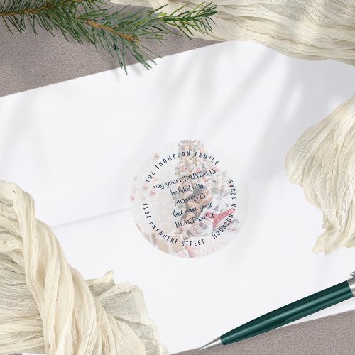 Cozy Christmas Saying Photo Overlay Navy Text Classic Round Sticker