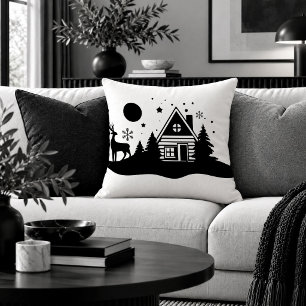 Cozy Christmas Scene Black White Decorative Pillow