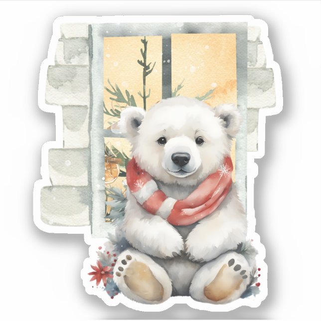 Cozy Christmas Scene Red Scarf Polar Bear Sticker (Front)