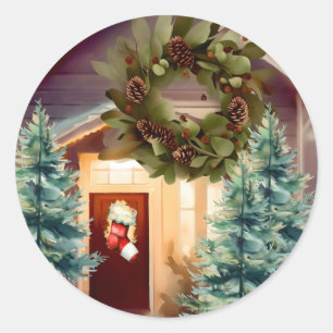 Cozy Christmas Scene Spruce Trees Classic Round Sticker