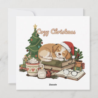 Cozy Christmas Sleeping Puppy & Books Vintage Holiday Card
