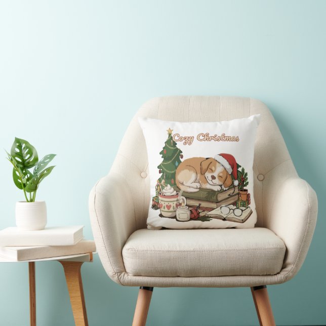 Cozy Christmas Sleeping Puppy & Books Vintage  Throw Pillow (Chair)