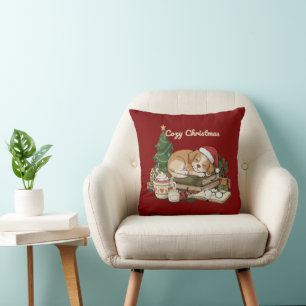 Cozy Christmas Sleeping Puppy & Books Vintage Throw Pillow