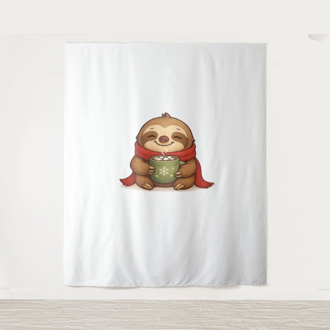 Cozy Christmas Sloth with Hot Chocolate – Cute Win Tapestry (Front)
