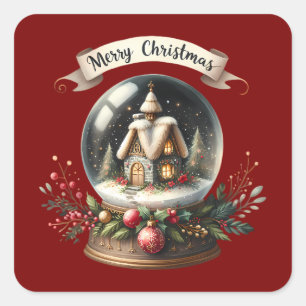 Cozy Christmas Snow Globe Cottage Scene Square Sticker