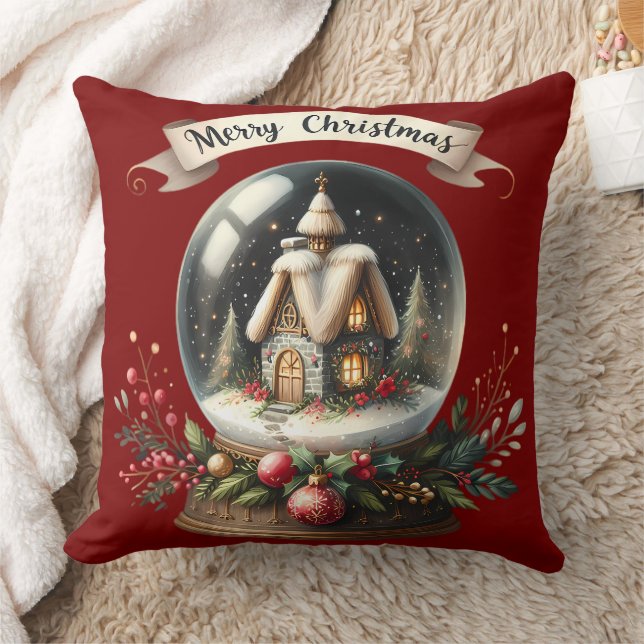 Cozy Christmas Snow Globe Cottage Scene Throw Pillow (Blanket)