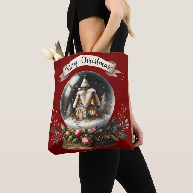 Cozy Christmas Snow Globe Cottage Scene Tote Bag (Close Up)