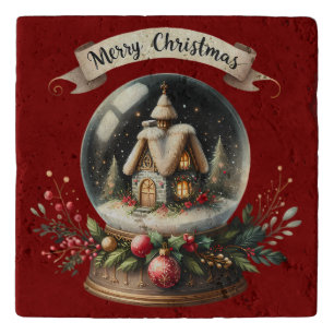 Cozy Christmas Snow Globe Cottage Scene Trivet