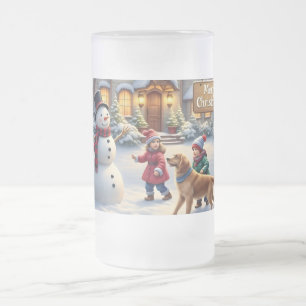 Cozy Christmas Snow Scene Art Frosted Glass Beer Mug
